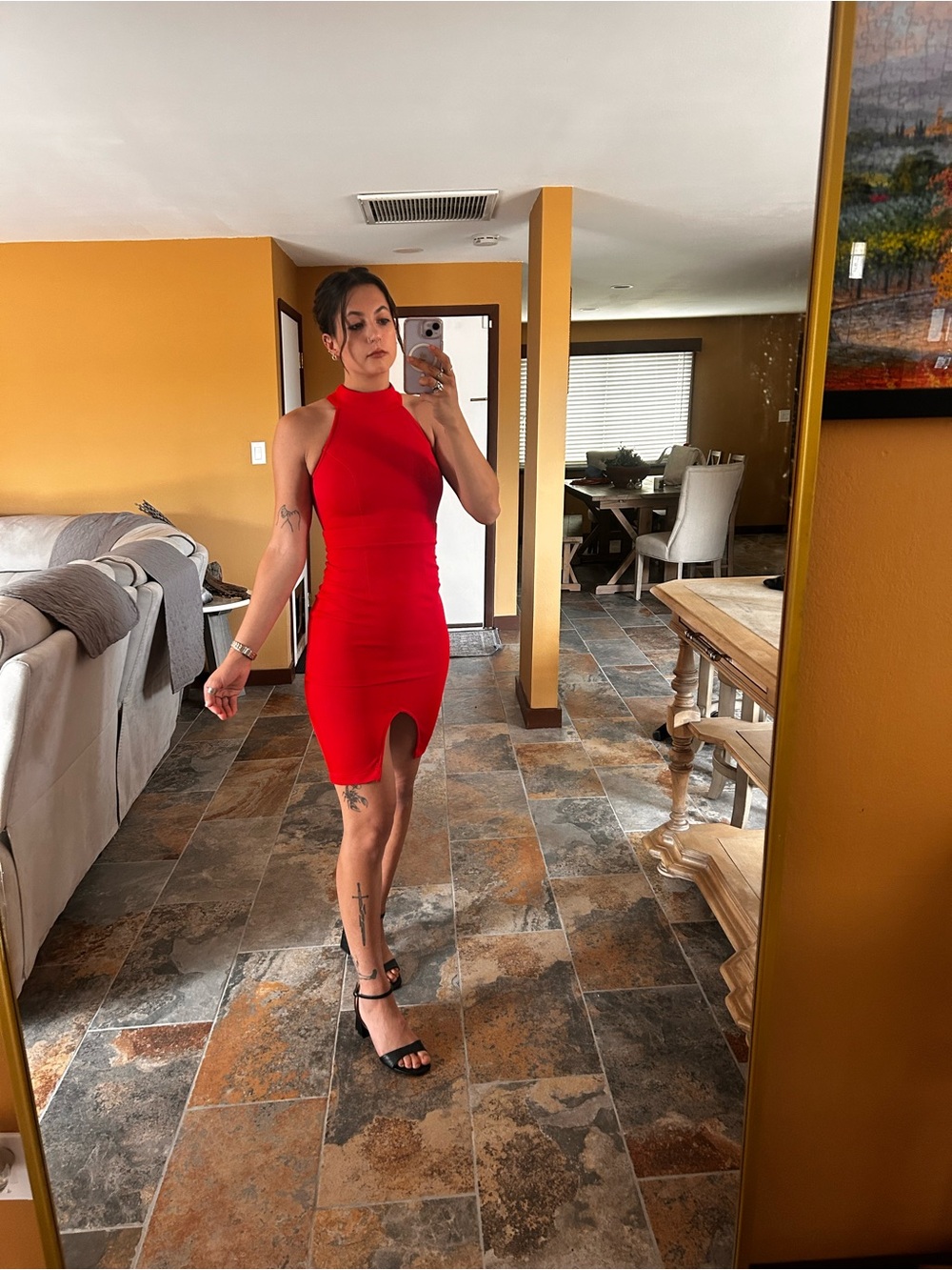 Lulus Red Bodycon Midi Dress Size Small with Front Slit and Open Back
